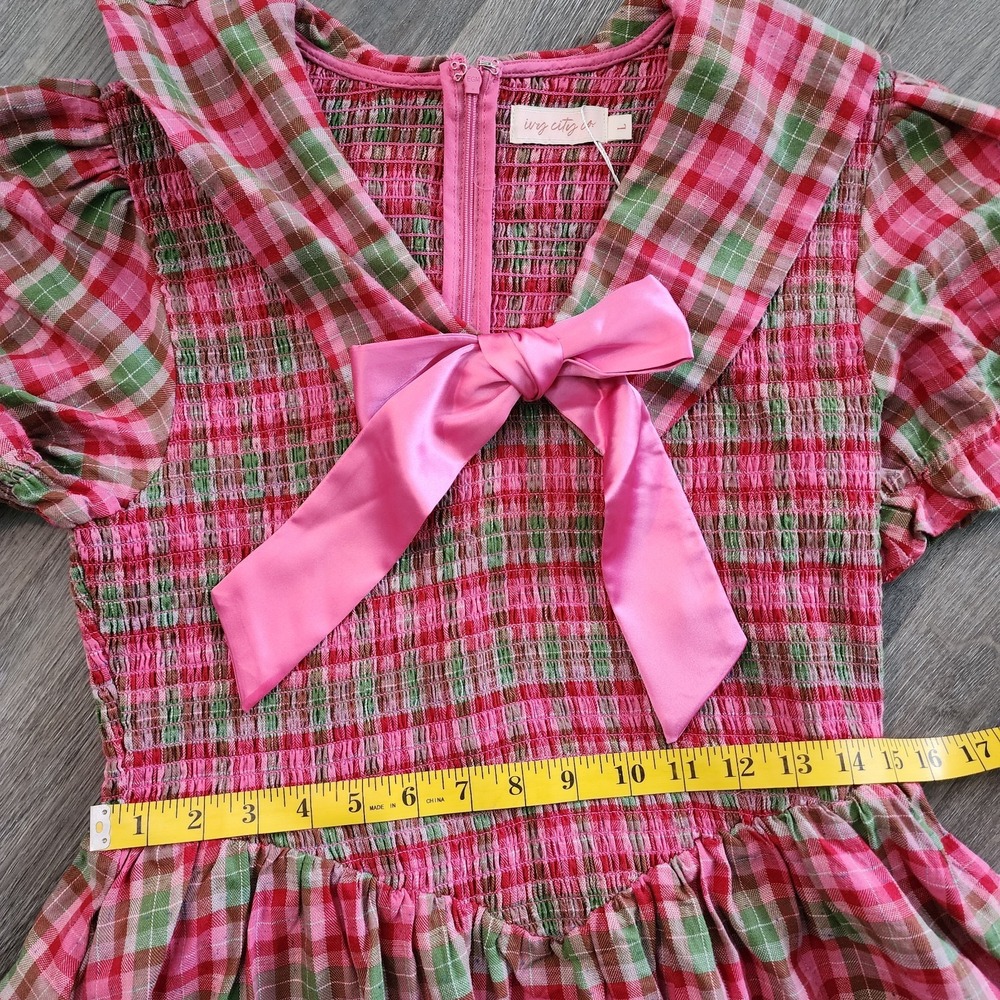 Ivy City Alice Dress L Rosewood Tartan Plaid Bow Smocked Coquette Holiday Preppy - Picture 14 of 15